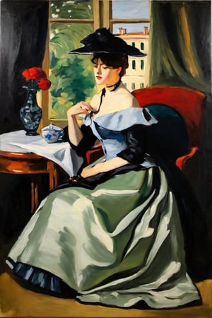 fine art oil painting, in the style of Édouard Manet, woman