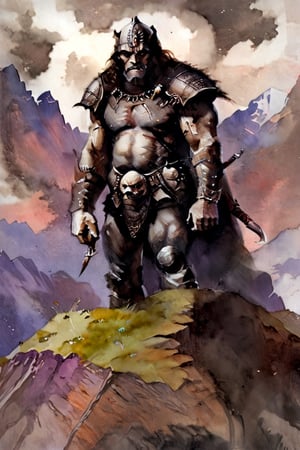 beowulf, old english grendel, standing, deep in the mountains, cloudy sky,
fr4z3tt4 ,watercolor