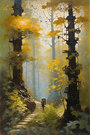 Imagine a forest where the trees are intricate clockwork mechanisms, their leaves crafted from shimmering metal and gears that turn with the wind.

fine art oil painting, in the style of Jeffrey Catherine Jones
