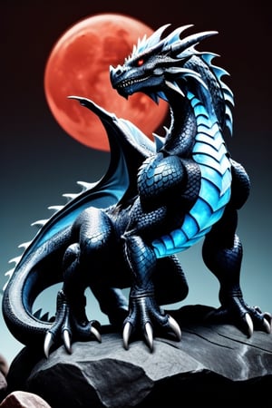 generates a dark dragon with light blue scales, on a rock on a red moon