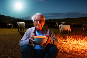 Generate an AI image of an elderly person sitting in front of a dairy farm, enjoying a bowl of stew on a night scene.