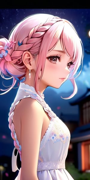 masterpiece, best quality, 1girl, (colorful),(finely detailed beautiful eyes and detailed face) light pink hair,plaits hairstyle, White lace dress, brown eyes,plaits hairstyle,cinematic lighting,bust shot,extremely detailed CG unity 8k wallpaper,white hair,solo,smile,intricate skirt,((flying petal)),(Flowery meadow) sky, cloudy_sky, building, moonlight, moon, night, (dark theme:1.3), light, fantasy,jisoo,1 girl,Asia,Woman ,z1l4,Sugar babe ,lisa, TURN LEFT