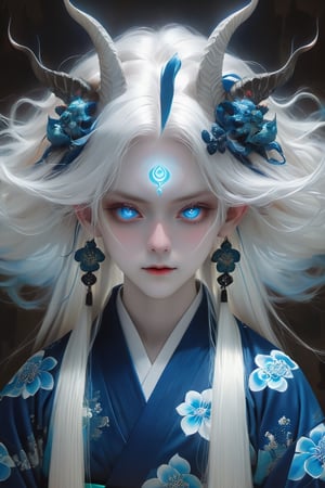 DMT art style..ethereal 
melancholy . ephemeral . quixotic .long flowing white hair. bright blue eyes, kimono, oni demon  