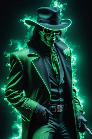 Grim Reaper as a pimp form 1970’s wearing a zoot suit style outfit, Black and Green outfit, Dynamic Pose, simple-background, HD resolution, Insane detail, hyper realism, Dramatic lighting, Grim Reaper Inspired,