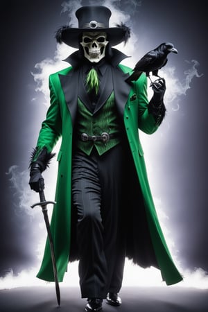 Grim Reaper as a pimp form 1970’s wearing a zoot suit style outfit, Black and Green outfit, Dynamic Pose, simple-background, HD resolution, Insane detail, hyper realism, Dramatic lighting, Grim Reaper Inspired, holding a raven skull head Cain, wearing a black Feathery pimp hat,