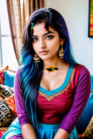 beautiful cute young attractive indian teenage girl, village girl, 18 years old, cute, Instagram model, long black_hair, colorful hair, warm, dacing, in home sit at sofa, indian, Indian beauty, most beautiful and attra
