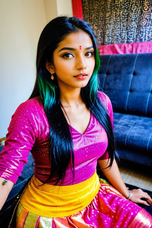 beautiful cute young attractive indian teenage girl, village girl, 18 years old, cute, Instagram model, long black_hair, colorful hair, warm, dacing, in home sit at sofa, indian