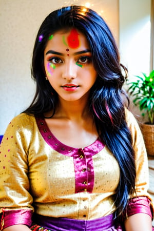 beautiful cute young attractive indian teenage girl, village girl, 18 years old, cute, Instagram model, long black_hair, colorful hair, warm, dacing, in home sit at sofa, indian