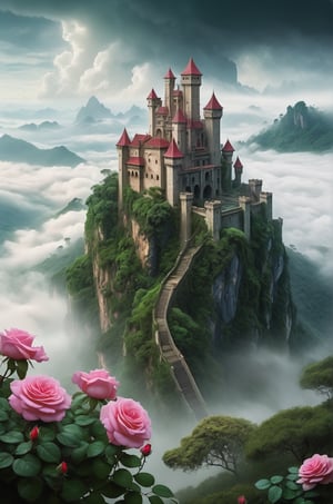 Highly detailed, photo-realistic, (Masterpiece), highest quality, 8k, HD, fantasy, old castle architecture, green jungle, thick fog, mystery, lush green, gloomy, Intense contrasts, surreal,  sitting en the foot of (mountain)) surrounded by (dark red and pink roses)), (thick fog)), long (mountain background)), jungle, cloud, (raining environment)), (All in focus), Nature, deep focus, more detail XL,Blossom island, Flowers

add_more_creative