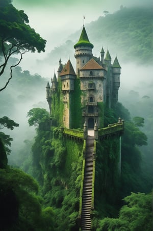 Highly detailed, photo-realistic, (Masterpiece), highest quality, 8k, HD, fantasy, old castle architecture, green jungle, thick fog, mystery, lush green, gloomy, Intense contrasts, surreal, 

add_more_creative