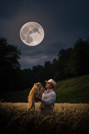 a man in aviator suit, lean, weathered, alert, watches cats and ferrets humorously play as they float through a psychedelic dmt tripr Iowa cornfields during a full moon thunderstorm, labyrinthine cornfield, intricate treasures, jewels of lapis and quicksilver explode into colorful space