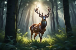 Hyperrealistic photo, distant shot of a beautiful deer, a very large male deer, with large antlers, is in a forest. The deer walks very slowly through the very lush forest, with large trees, the light enters through the leaves of the trees. The light creates a contrast of shadows on the animal. Beautiful scene, ultra detailed, hyperrealistic, colorful, distant.