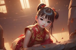 best quality, masterpiece, beautiful and aesthetic, vibrant color, Exquisite details and textures,  Warm tone, ultra realistic illustration,	(cute asian girl, 7year old:1.5),	(ancient Chinese theme:1.4),	cute eyes, big eyes,	(a chic look:1.5),	cinematic lighting, ambient lighting, sidelighting, cinematic shot,	siena natural ratio, children's body, anime style, 	low angle view,	Short Wave blonde hair,	a cute silk dress,	ultra hd, realistic, vivid colors, highly detailed, UHD drawing, perfect composition, beautiful detailed intricate insanely detailed octane render trending on artstation, 8k artistic photography, photorealistic concept art, soft natural volumetric cinematic perfect light. 