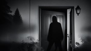 ghost shadow (disturbing) of a (teenager) looking behind the door, with black eyes, (at night) (with rain) and a neighborhood with a forest in the background, terrifying, scary, chilling and disturbing, stalkers.,donmcr33pyn1ghtm4r3xl  ,monochrome,DonMN1gh7D3m0nXL,silent hill style,scenery,DonMN1gh7XL ,Movie Still