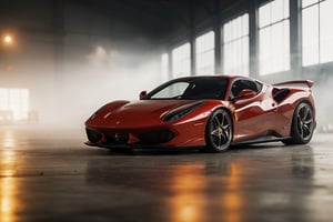 photo of Ferrari in a dimly lit warehouse in the fog, high quality photo, side, lens flare, bokeh, 8k resolution, gobo lights, warm ambient light, volumetric light, neon lights, depth of field, analog, hazy atmosphere