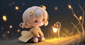 (8K, of the highest quality, masutepiece: 1.2), (Realistic, photoRealistic: 1.37), Super Detail, One girl, Wide-angle angle of view, Firefly Garden, There are many small faint lights and fireflies flying around, Night,Chibi