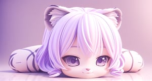Cute Baby Chibi Anime、(((Chibi 3D))) (Best Quality), (masutepiece)、Light Purple Hairstyles、Chibi Showhouse、A detailed face、relax、Tiger ears、banya、Hug a fluffy baby tiger、Icharlie、、Mofumofu White Tiger、White-purple hair、Devil's Child、A smile、Cute girl hugging a tiger tightly、Of course, Tramochibi Show House Specifications