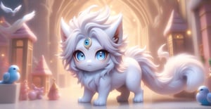 mythical creature, beast, fluffy, gradient color ((best quality)), ((masterpiece)), ( extreme detailed, highest detailed, official art, beautiful and aesthetic:1.2), depth of field, composition FULL BODY, (CHIBI),, (beautiful and detailed eye:1.3), Long tail,Apoloniasxmasbox