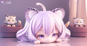 Cute Baby Chibi Anime、(((Chibi 3D))) (Best Quality), (masutepiece)、Light Purple Hairstyles、Chibi Showhouse、A detailed face、relax、Tiger ears、banya、Hug a fluffy baby tiger、Icharlie、、Mofumofu White Tiger、White-purple hair、Devil's Child、A smile、Cute girl hugging a tiger tightly、Of course, Tramochibi Show House Specifications