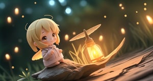 (8K, of the highest quality, masutepiece: 1.2), (Realistic, photoRealistic: 1.37), Super Detail, One girl, Wide-angle angle of view, Firefly Garden, There are many small faint lights and fireflies flying around, Night,Chibi