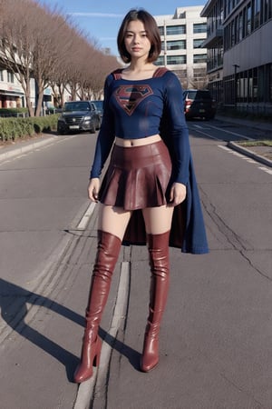 supergirl,short hair,Red over-the-knee boots，18 years old，Huge chest，Blue Supergirl Uniform，Standing in the middle of the road，Red boots，Supergirl's tights，Red cape，Brightly dressed