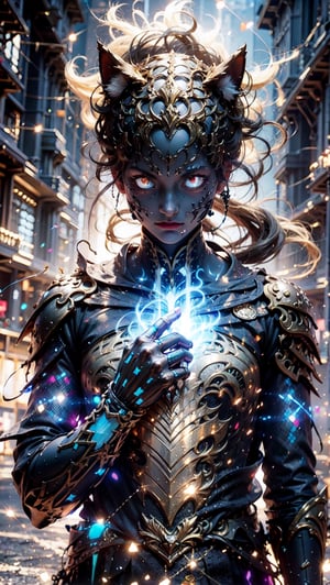 an anthropomorphic cat wearing white linen is depicted in an action pose, swirling water with an arrow symbol in cat hand, floating above a street in a dark city alleyway, swirling magic effects and swirling energy waves surround cat, with a blue glow on cat face and body, looking at the camera, hyper detailed, movie still, ultrawide
  