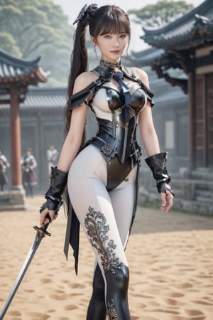 (medium shot:1.0). A girl wearing black mechacal combat suit inspired by furisode and ((ornate gothic armor):1.2) and (miniskirt:1.25),
BREAK white (knee-high leggings:1.14), BREAK, accentuating her beautiful thighs, A 17-years-old ethereal breathtakingly glamorous korean girl, black hair, long pony tail, slim and tall perfect model body, beautiful long legs, holding sword on her shoulder. An ethereal beautiful face with v-shaped jawline, bright eyes, almond-shaped eyes, translucent skin texture, porcelain skin tone, BREAK, award-winning, hyperrealistic:1.2, depth of field, 8k uhd, high resolution, perfect detail, intricate detail, raw photo, photo_b00ster, BREAK, In a xeno battlefield, epic scene

