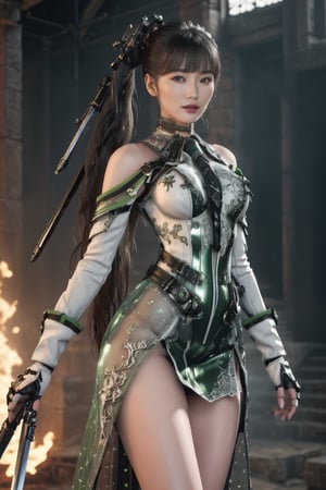 (medium shot:0.8)/(from below, from front). A 17-years-old ethereal breathtakingly glamorous korean girl/(busty, black hair/(long ponytail:1.05), perfect model body, medium large breast, an ethereal beautiful face/(translucent skin texture, porcelain skin tone), wearing a combat suit/(cyborg, green gothic lolita attire, (miniskirt:1.2), glowing embroidery) accentuating the beautiful thigh, beautiful long legs, gloves, emanating sexual attractiveness). ((holding sword/(white flaming sword, combat stance, strike, perfect hand, perfect grip):1.12), award-winning, (hyperrealistic:1.2), depth of field, 8k uhd, high resolution, perfect detail, intricate detail, raw photo, Rembrandt lighting, battlefield/(epic, wreck, ruined, monastery), photo_b00ster, glowing sword