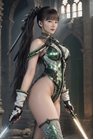 (medium shot:0.6)/(from below, from front). A 17-years-old ethereal breathtakingly glamorous korean girl/(busty, black hair/(long ponytail:1.05), perfect model body, large_breasts , an ethereal beautiful face/(translucent skin texture, porcelain skin tone), wearing a combat suit/(cyborg, green gothic lolita attire, (miniskirt:1.2), glowing embroidery) accentuating the beautiful thigh, beautiful long legs, gloves, emanating sexual attractiveness). ((holding sword/(white flaming sword, combat stance, strike, perfect hand, perfect grip):1.12), award-winning, (hyperrealistic:1.2), depth of field, 8k uhd, high resolution, perfect detail, intricate detail, raw photo, Rembrandt lighting, battlefield/(epic, wreck, ruined, monastery), photo_b00ster, glowing sword