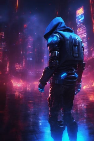 nft robot dark lighting hacker hood,night city cyber,night city,background fire gloves blueflame fire,background