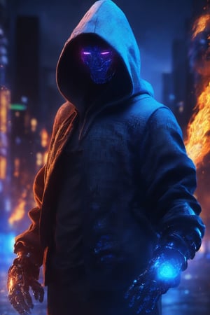 nft robot dark lighting hacker hood, cyber,night city,background fire gloves blueflame fire,background half face human and hacker robot