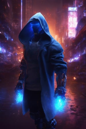 nft robot dark lighting hacker hood,night city cyber,night city,background fire gloves blueflame fire,background