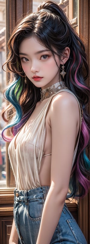 masterpiece, high quality, perfect anatomy, perfect eyes, beautiful, 23 years old sexy super model, wavy multicolored hair, medieval fantasy, more details, 1 girl, detailed face, cowboy shot,