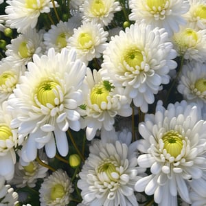A close-up shot of white chrysanthemums in full bloom, surrounded by budding flowers, day lighting, intricate detailing, hyper realistic, hyper detailed, rendered in high-definition resolution, high-quality, 8K, UHD, HDR, masterpiece, trending on ArtStation.,more detail XL