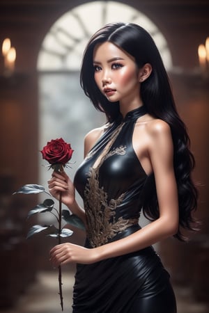 Highy detailed image, cinematic shot, (bright and intense:1.2), wide shot, perfect centralization, side view, dynamic pose, crisp, defined, HQ, detailed, HD, dynamic light & pose, motion, moody, intricate, 1girl, (((goth))) holding a black rose, attractive, clear facial expression, perfect hands, emotional, hyperrealistic inspired by necronomicon art, my baby just cares for me, fantasy horror art, photorealistic dark concept art