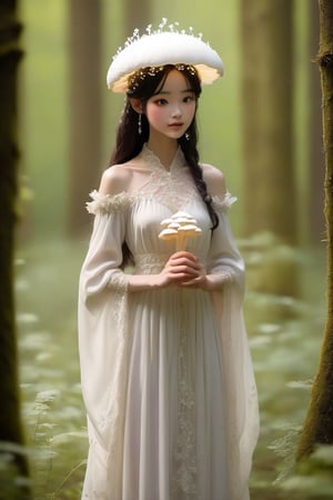  1girl,mushroom princess, in a stunning dress made of pure white slime mold, The ethereal gown flows like fine lace, glistening softly. Her crown, made of delicate mushroom caps, sparkles with tiny glowing spores. Standing in a mystical woodland glade, she embodies nature's elegance and mystery, her living dress swaying gently. The princess exudes purity and enchantment, showcasing the unexpected beauty of the natural world.,mushroomz,water dress,1 girl