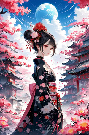 Official Art, Unity 8K Wallpaper, Extreme Detailed, Beautiful and Aesthetic, Masterpiece, Top Quality, perfect anatomy, a beautifully drawn background, (((ink illustration))) depicting, integrating elements of calligraphy, vintage, PINK and RED accents, watercolor painting, concept art, (best illustration), (best shadow), Analog Color Theme, vivid colours, contrast, smooth, sharp focus, scenery,

visually striking blend of traditional Japanese aesthetics with futuristic elements. The central figure is a robot with a humanoid appearance, specifically designed to resemble a female figure wearing a kimono. The robot's head is adorned with a traditional Japanese hairstyle, often associated with a geisha, including a shimada-style bun and kanzashi hairpins. The robot's face is featureless and smooth, with a pale pink hue that matches the color scheme of the kimono. The neck reveals mechanical components, suggesting advanced robotics technology. The kimono itself is beautifully detailed, with patterns of flowers that echo the surrounding blooms, and it includes shades of pink, white, and purple, with black and dark pink accents on the collar and edges. The background is filled with a dense array of pink flowers, likely chrysanthemums, which create a harmonious and lush backdrop that complements the robot's attire. The overall effect is a striking juxtaposition of the organic beauty of traditional Japanese floral motifs with the sleek, modern lines of robotic design. The image seems to explore themes of tradition versus modernity, nature versus technology, and the evolving definitions of beauty and identity, futubot, more detail XL