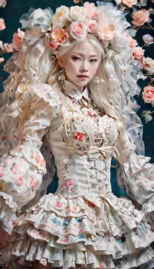 Albino Nordic girl,Pure white long Pigtail hair,
Picture a mesmerizing fusion where the rich heritage of Hmong ethnic attire, intertwines with the enchanting world of Lolita fashion, The garment, a visual symphony, showcases vibrant cross-stitch patterns reminiscent of Hmong craftsmanship, meticulously stitched in an array of colors, dress flows gracefully, embracing the whimsical elegance of Lolita fashion with lace, bows, and layers, creating a harmonious dance of tradition and modernity. Each detail, a brushstroke in this vibrant canvas, tells a story of cultural richness and sartorial fantasy, offering a feast for the eyes that captivates and transcends genres,Flower queen