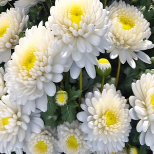 A close-up shot of white chrysanthemums in full bloom, surrounded by budding flowers, day lighting, intricate detailing, hyper realistic, hyper detailed, rendered in high-definition resolution, high-quality, 8K, UHD, HDR, masterpiece, trending on ArtStation.,more detail XL