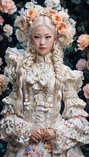 Albino Nordic girl,Pure white long Pigtail hair,
Picture a mesmerizing fusion where the rich heritage of Hmong ethnic attire, intertwines with the enchanting world of Lolita fashion, The garment, a visual symphony, showcases vibrant cross-stitch patterns reminiscent of Hmong craftsmanship, meticulously stitched in an array of colors, dress flows gracefully, embracing the whimsical elegance of Lolita fashion with lace, bows, and layers, creating a harmonious dance of tradition and modernity. Each detail, a brushstroke in this vibrant canvas, tells a story of cultural richness and sartorial fantasy, offering a feast for the eyes that captivates and transcends genres,Flower queen