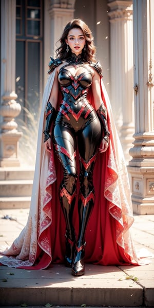 Best picture quality, high resolution, 8k, realistic, sharp focus, realistic image of elegant lady, Korean beauty, An adorable lady with a cheerful expression, straight long hair, a strong and agile body, adorned in a striking red and white  superhero power mech armor, sitting on the ledge, rooftop setting, muscular fit body, slightly visible abs, leggings, skirt, intricately designed power armor, white cape, realistic hands, realistic fingers, detailed fingernails 