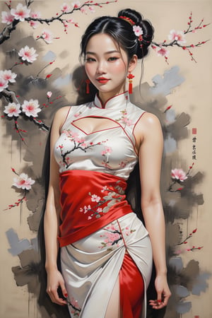 Acrylic and line painting of a full body view of a beautiful chinese lady mid-turn, half closed eyes look at the soil, red lips slightly smiling, index under the chin, hair in bun adorned with Sakura Flowers, wearing bellyband embroidered with flowers patteen and satin short, stands in a confidence posture, background adorned with fresh vivid flowers. Art by Wu Quan Zhong.
