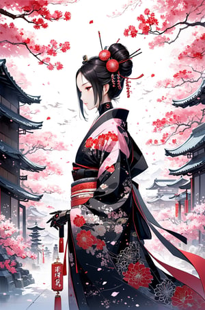 Official Art, Unity 8K Wallpaper, Extreme Detailed, Beautiful and Aesthetic, Masterpiece, Top Quality, perfect anatomy, a beautifully drawn background, (((ink illustration))) depicting, integrating elements of calligraphy, vintage, PINK and RED accents, watercolor painting, concept art, (best illustration), (best shadow), Analog Color Theme, vivid colours, contrast, smooth, sharp focus, scenery,

visually striking blend of traditional Japanese aesthetics with futuristic elements. The central figure is a robot with a humanoid appearance, specifically designed to resemble a female figure wearing a kimono. The robot's head is adorned with a traditional Japanese hairstyle, often associated with a geisha, including a shimada-style bun and kanzashi hairpins. The robot's face is featureless and smooth, with a pale pink hue that matches the color scheme of the kimono. The neck reveals mechanical components, suggesting advanced robotics technology. The kimono itself is beautifully detailed, with patterns of flowers that echo the surrounding blooms, and it includes shades of pink, white, and purple, with black and dark pink accents on the collar and edges. The background is filled with a dense array of pink flowers, likely chrysanthemums, which create a harmonious and lush backdrop that complements the robot's attire. The overall effect is a striking juxtaposition of the organic beauty of traditional Japanese floral motifs with the sleek, modern lines of robotic design. The image seems to explore themes of tradition versus modernity, nature versus technology, and the evolving definitions of beauty and identity, futubot, more detail XL