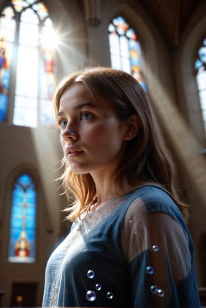Huge Beautiful dynamic and high detailed stand glass of a Cathedral, main thing is the glass, sunlight behind the glass into the church, spots a beautiful girl looking at the glass, from above, full sized glass, masterpiece, best quality, extremely high resolution, high detailed eyes, depth of field, cinematic lighting, photorealistic, RAW photography, ultra realistic,bubbleGL,more detail XL,Extremely Realistic,Blue Backlight, ,sks woman,Perfect Sun Lighting,1 girl,3g3Kl0st3rXL