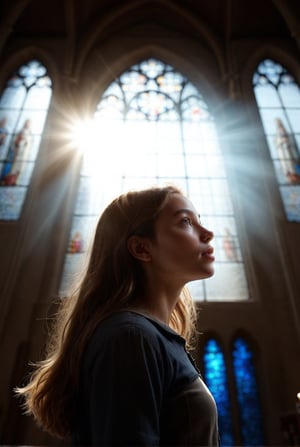 Huge Beautiful dynamic and high detailed stand glass of a Cathedral, main thing is the glass, sunlight behind the glass into the church, spots a beautiful girl looking at the glass, from above, full sized glass, masterpiece, best quality, extremely high resolution, high detailed eyes, depth of field, cinematic lighting, photorealistic, RAW photography, ultra realistic,bubbleGL,more detail XL,Extremely Realistic,Blue Backlight, ,sks woman,Perfect Sun Lighting,1 girl,3g3Kl0st3rXL