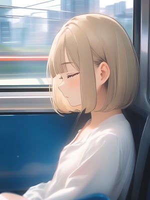 A girl looking sleepy in the seat,Inside a modern commuter train,light brown short bob hair girl,white blouse,A view of the residential area outside the windo,masterpiece, best quality,
