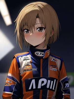 (A 16yo girl)+ ,A girl wearing a racing suit with a IMPUL,light brown short bob hair, best quality,masterpiece,ultra-detailed,
