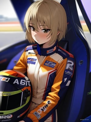 (A 16yo girl)+ ,A girl wearing a racing suit with a RAYBRIG,light brown short bob hair, best quality,masterpiece,ultra-detailed,

