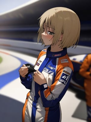(A 16yo girl)+ ,A girl wearing a racing suit with a IMPUL,light brown short bob hair, best quality,masterpiece,ultra-detailed,
