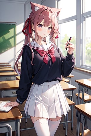 (A 15yo-petite-Girl)+, White-Skirt,dark-blue-school uniform, big-pink-hair-ribbon,moesode,Reddish-brown-short-Two-sided-up ,  zettai-ryouiki,busty,scribbling in a notebook in the classroom,best_quality,masterpiece,ultra_detailed,